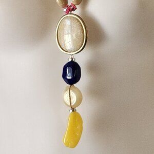 Chico's long necklace costume blue ecru yellow silver tone GUC